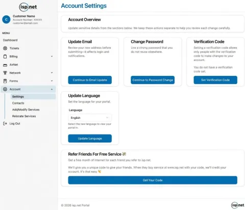 Página de Account Settings del portal de isp.net con la sección Refer Friends For Free Service y el botón Get Your Code