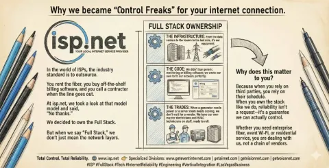Infografía que explica la propiedad del stack completo de isp.net: infraestructura, código propietario y oficios internos