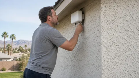 Un técnico trabajando en la radio del techo al costado de una casa en Las Vegas