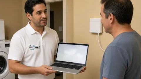 Un técnico mostrando una laptop al cliente junto a la entrega de red interior