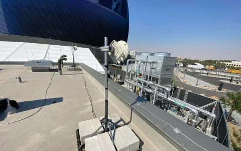 Fixed wireless antenna on a Las Vegas rooftop with the Sphere in the background, illustrating SLA-backed PremiumNet network infrastructure