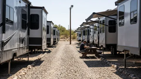 Metal RV rigs packed in rows — the RF environment that kills office-only campground Wi-Fi