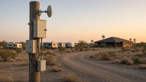Dedicated wireless backhaul and outdoor access point serving an RV park loop instead of consumer mesh hops