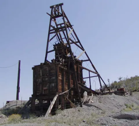 Old wooden mine headframe in Searchlight, Nevada